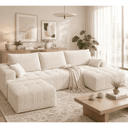 Crybaest 109" Modular Sectional Sofa, Corduroy Boneless Cloud Couch with Right-Facing Chaise & Ottoman, Deep Seat U-Shaped Floor Sofa for Living Room, No Assembly, Beige