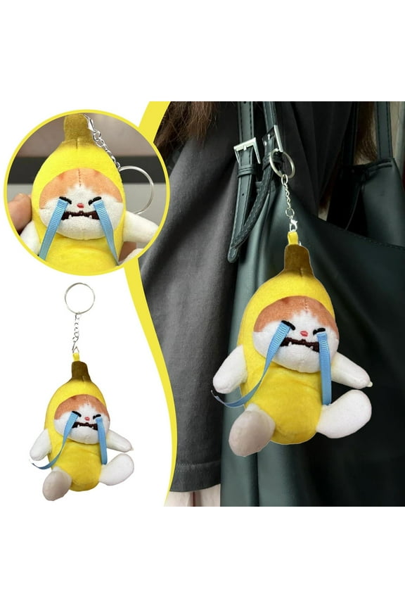 Crying Banana Cat Plush Key Chain, Sad Banana Cat Stuffed Animal, 4" Soft Backpack Key Chain