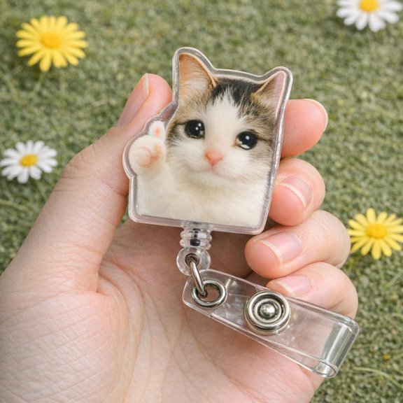 Crying Cat Badge Reel, Thumbs Up Cat Funny Meme Retractable ID Holder