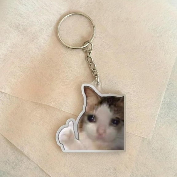 Crying Cat Thumbs Up Keychain, Funny Meme Acrylic Keyring, I'm Fine Cat Charm, Sad Cat Meme Gift, Tiktok Meme Keychain, Relatable Meme Gift