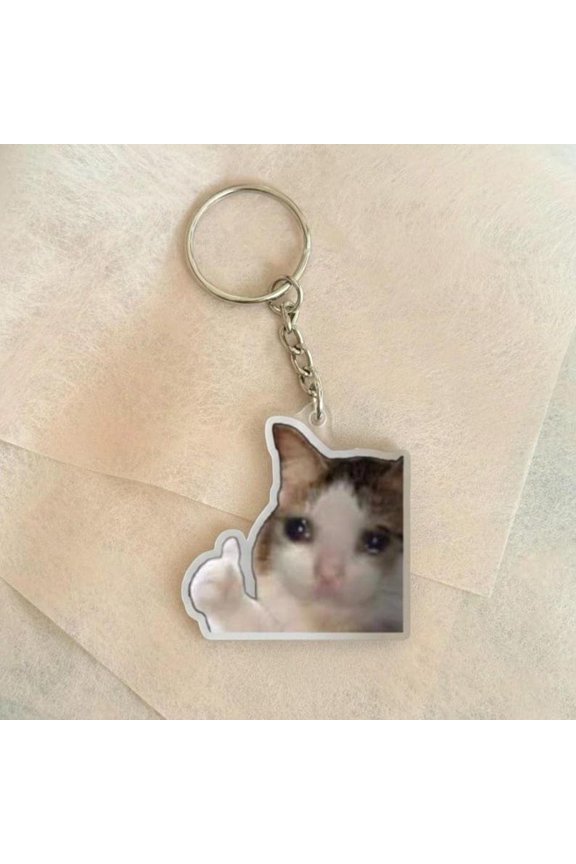 Crying Cat Thumbs Up Keychain, Funny Meme Acrylic Keyring, I'm Fine Cat Charm, Sad Cat Meme Gift, Tiktok Meme Keychain, Relatable Meme Gift