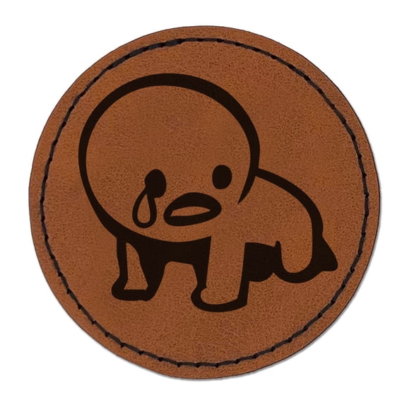 Crying Despair Sad Emote Round Iron-On Engraved Faux Leather Patch Applique - 2.5 Inch - Brown