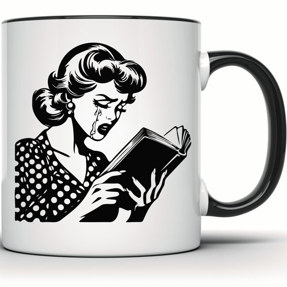 Crying Girl Mug - Retro Pop Art Polka Dot Mug - Aesthetic Book Lover Gift for Her - Unique Sad Girl Reading Mug - 11 Ounce Black Rim Handle Novelty Coffee Cup - WMUG1883-BLK