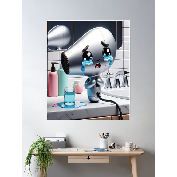 Crying Hairdryer: Sad Bathroom Cartoon Poster Wall Art, Modern Wall Decor For Living Room Bedroom, 12x18 UNFRAMED
