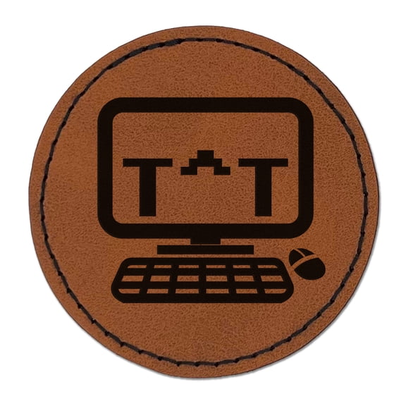 Crying Kawaii Computer Face Emoticon 2.5" Faux Leather Round Engraved Iron-On Patch - Brown