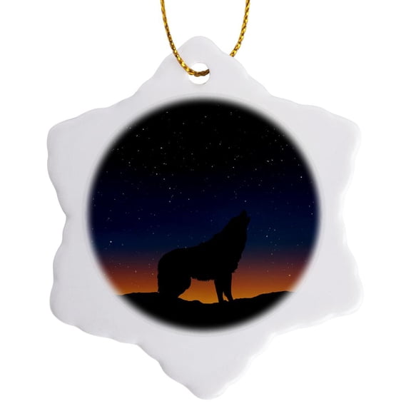 3drose, Crying Wolf at Night with Sundown- Fantasy Wolves Animal Photography, 3 inch Snowflake Porcelain Ornament