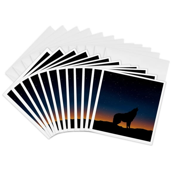 3dRose, Crying Wolf at Night with Sundown- Fantasy Wolves Animal Photography, 12 Greeting Cards with envelopes