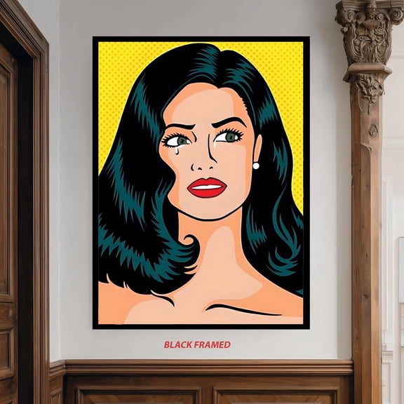 Crying Woman Black Hair Red Lips Yellow Background Retro Art, Unframed Paper Poster 11x14in