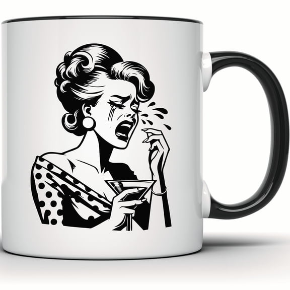 Crying Woman Pop Art Mug - Retro Comic Art Sad Girl - Emotional Drama Queen Martini Mug - 11 Ounce Black Rim Handle Novelty Coffee Cup - WMUG1872-BLK