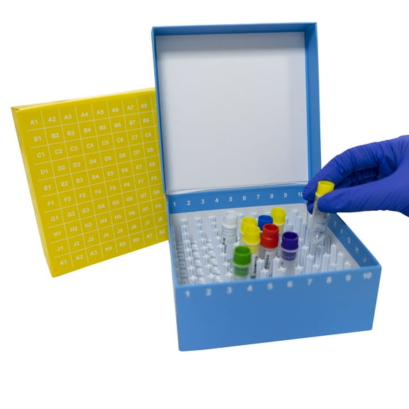 CryoKING 2 Inch 100-well Cryo Boxes, Lab Freezer Boxes with Connected Lid, ID-Color Cardboard Freezer Boxes with Post-Style, 20 /Case