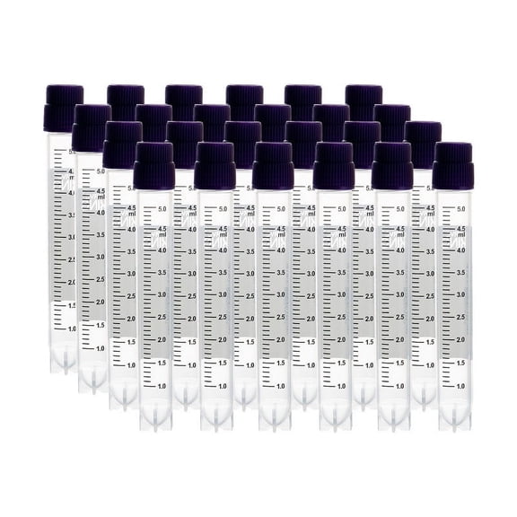 CryoKING 5.0ml 25 Pcs Plasitic Cryovials, External Thread Lab Vials with Purple Caps, Lab Tubes with Side Barcode