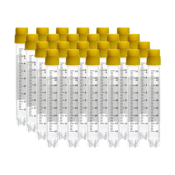 CryoKING 5.0ml 25 Pcs Plasitic Cryovials, External Thread Lab Vials with Yellow Caps, Lab Tubes with Side Barcode