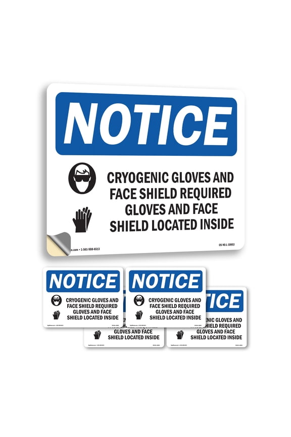 Cryogenic Gloves And Face Shield With Symbol OSHA Notice Vinyl Decal Label 5 Inch x 3.5 Inch - 5 Pack