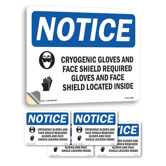 Cryogenic Gloves And Face Shield With Symbol OSHA Notice Vinyl Decal Label 7 Inch x 5 Inch - 5 Pack