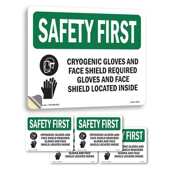 Cryogenic Gloves And Face Shield With Symbol OSHA SAFETY FIRST Vinyl Decal Label 24 Inch x 18 Inch - 5 Pack