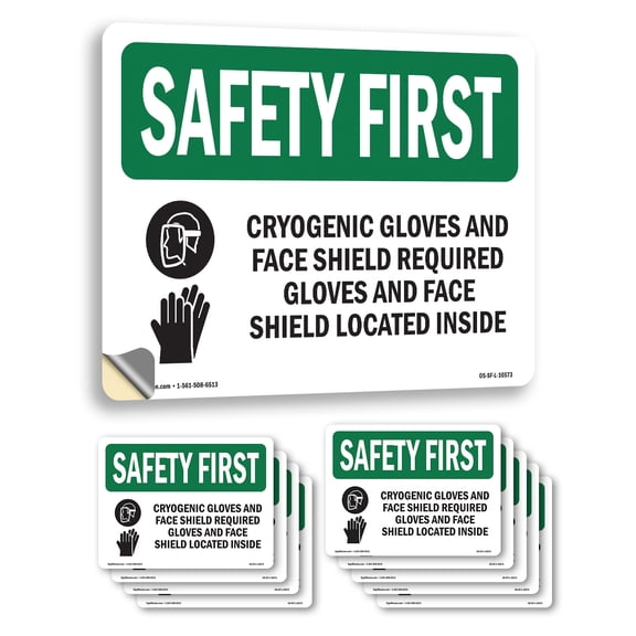 Cryogenic Gloves And Face Shield With Symbol OSHA SAFETY FIRST Vinyl Decal Label 5 Inch x 3.5 Inch - 10 Pack