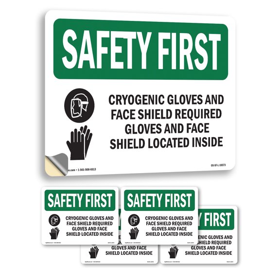 Cryogenic Gloves And Face Shield With Symbol OSHA SAFETY FIRST Vinyl Decal Label 5 Inch x 3.5 Inch - 5 Pack