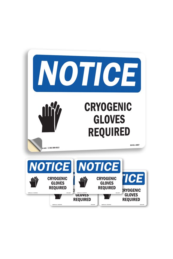 Cryogenic Gloves Required With Symbol OSHA Notice Vinyl Decal Label 5 Inch x 3.5 Inch - 5 Pack