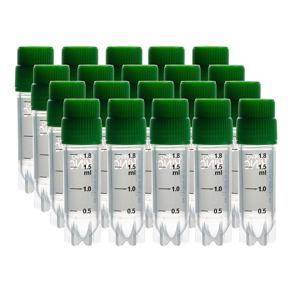 Cryogenic Vials with Side Bardcode-2.0 ml,Green Caps, External Thread, 25/Bag, 500/Pack