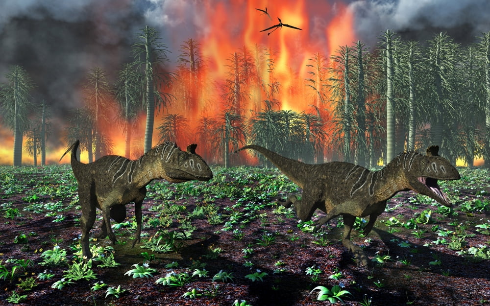 Cryolophosaurus dinosaurs fleeing from a deadly forest fire Canvas Art - Mark StevensonStocktrek Images (18 x 12)