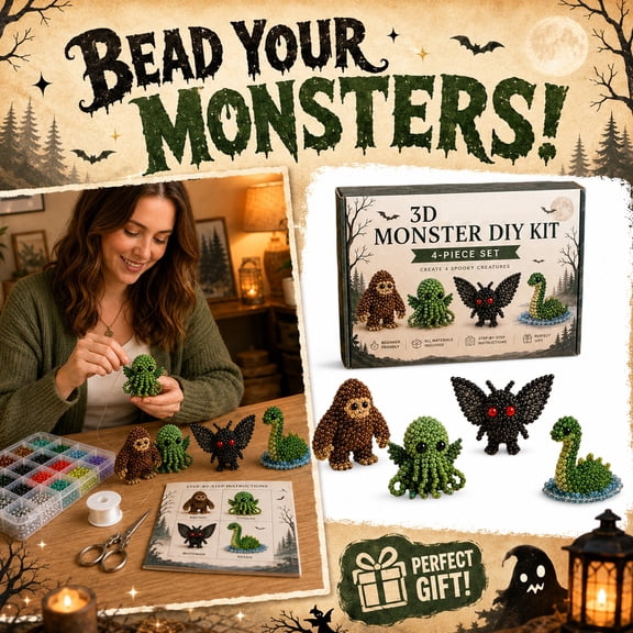 Cryptid 3D Beaded Monster DIY Kit, 4-Piece Handmade Beading Craft Set for Beginners, Cute Mythical Bead Art Mini Desk Decor Gift