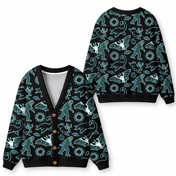 Cryptid Cardigan, Black Novelty Knit Sweater with Bigfoot, Mothman, Lake Monster and UFO Print