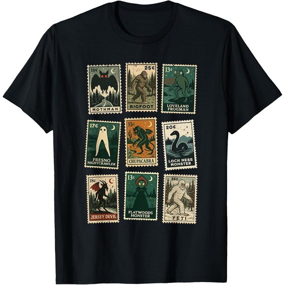 Cryptid Creature Graphic Tee with Unique Stamp Design