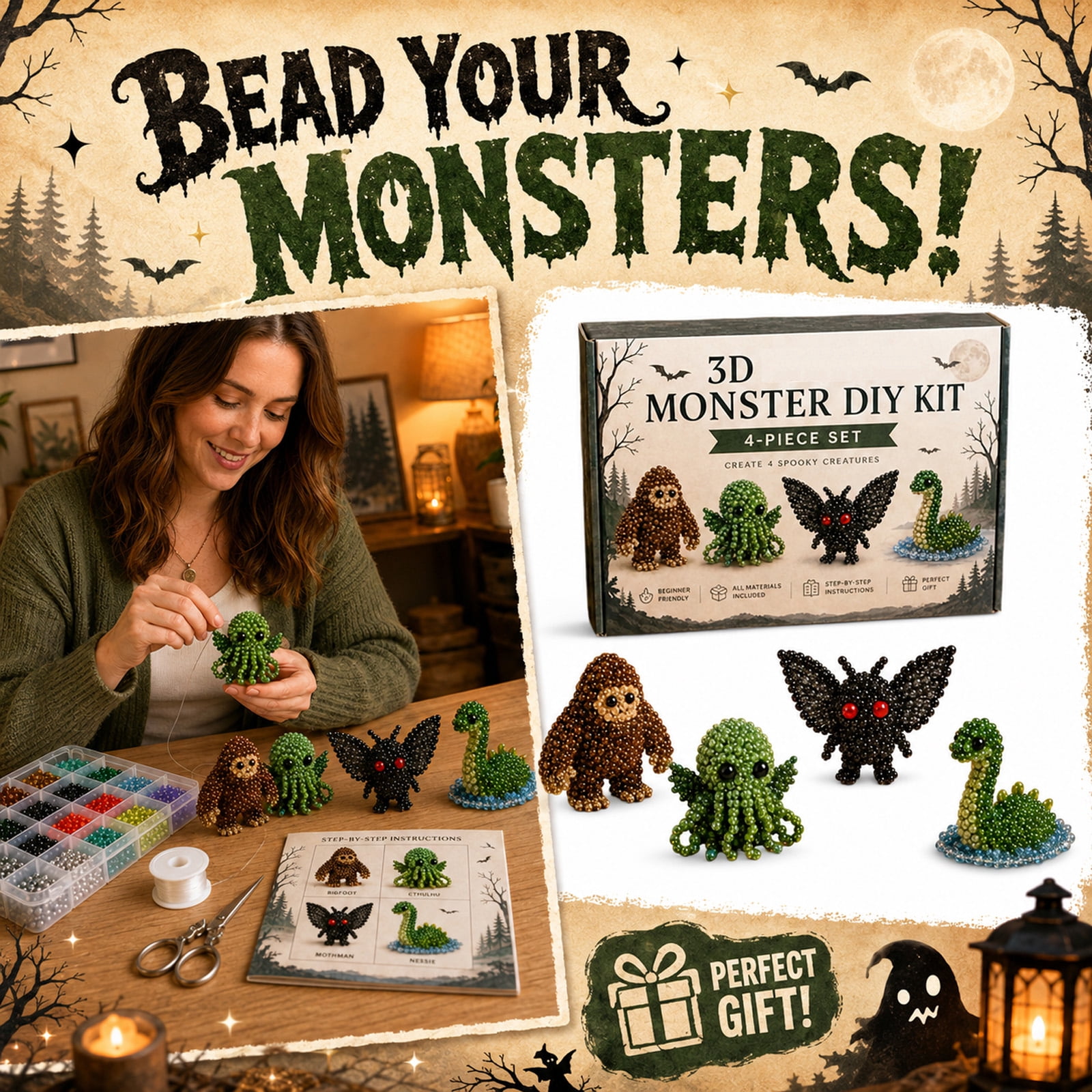 Cryptid Creatures 3D Beaded DIY Craft Kit, Beginner Friendly All