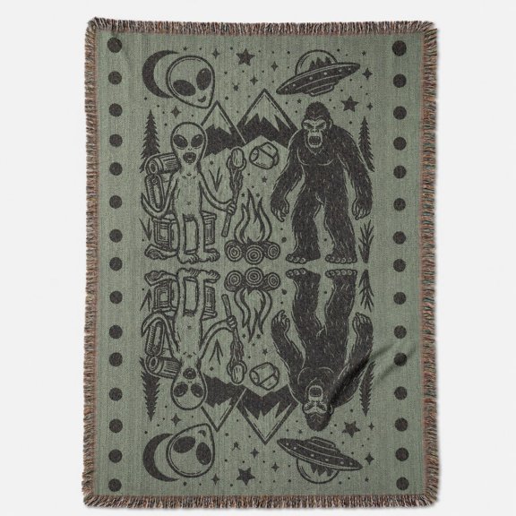 Cryptid Folklore Woven Cotton Blanket - Sasquatch UFO Alien Fringe Throw & Wall Tapestry