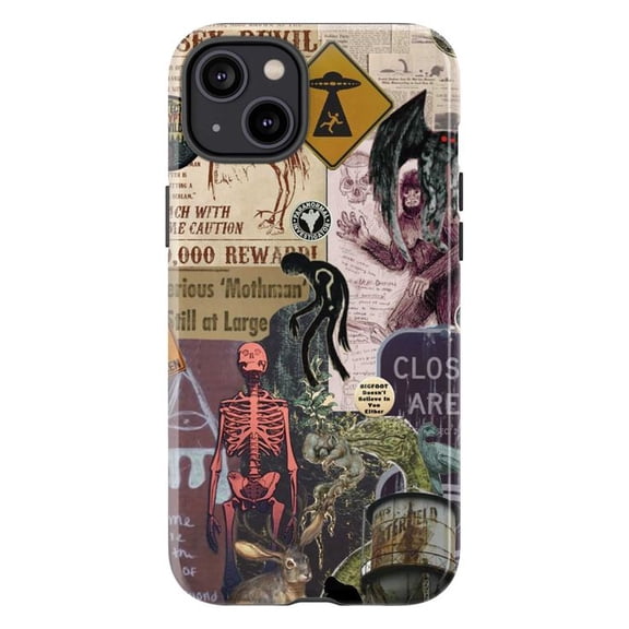 Cryptid Horror Collage Phone Case, Mothman & Paranormal Creature Aesthetic, Spooky Mystery Protective Cover for iPhone 16 15 14 13 12 11 Pro Max Plus Mini