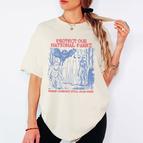 Cryptid National Parks Shirt, 90s Protect Our Parks Vintage Camping Hiking Tee, Retro Wanderlust Shirt, Fantasy Creatures Tee Multicolor