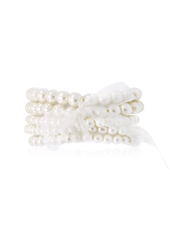 5 Pcs Cream Faux Pearl Bracelet Set for Women Beaded Stretch Strand Bracelets for Bridesmaid,Bridal,Party Jewelry