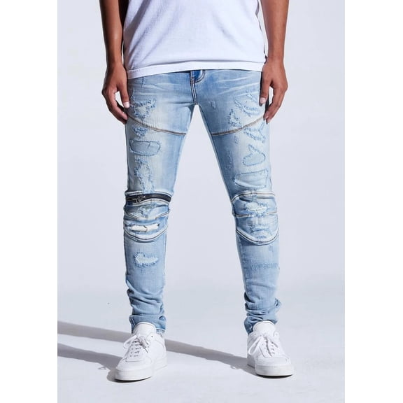 Crysp Denim Men's Bart Moto Distressed Rips Skinny Fit Stretch Denim Jeans (34, Light Blue)