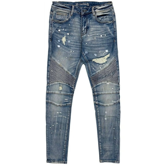 Crysp Denim Men's Biker Moto Distressed Rip & Repair Paint Splatter Skinny Jeans (34, Indigo Blue)