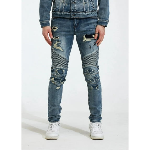 Crysp Denim Men's Biker Moto Distressed Rip & Repair Skinny Fit Stretch Jeans (30, Blue Wash)