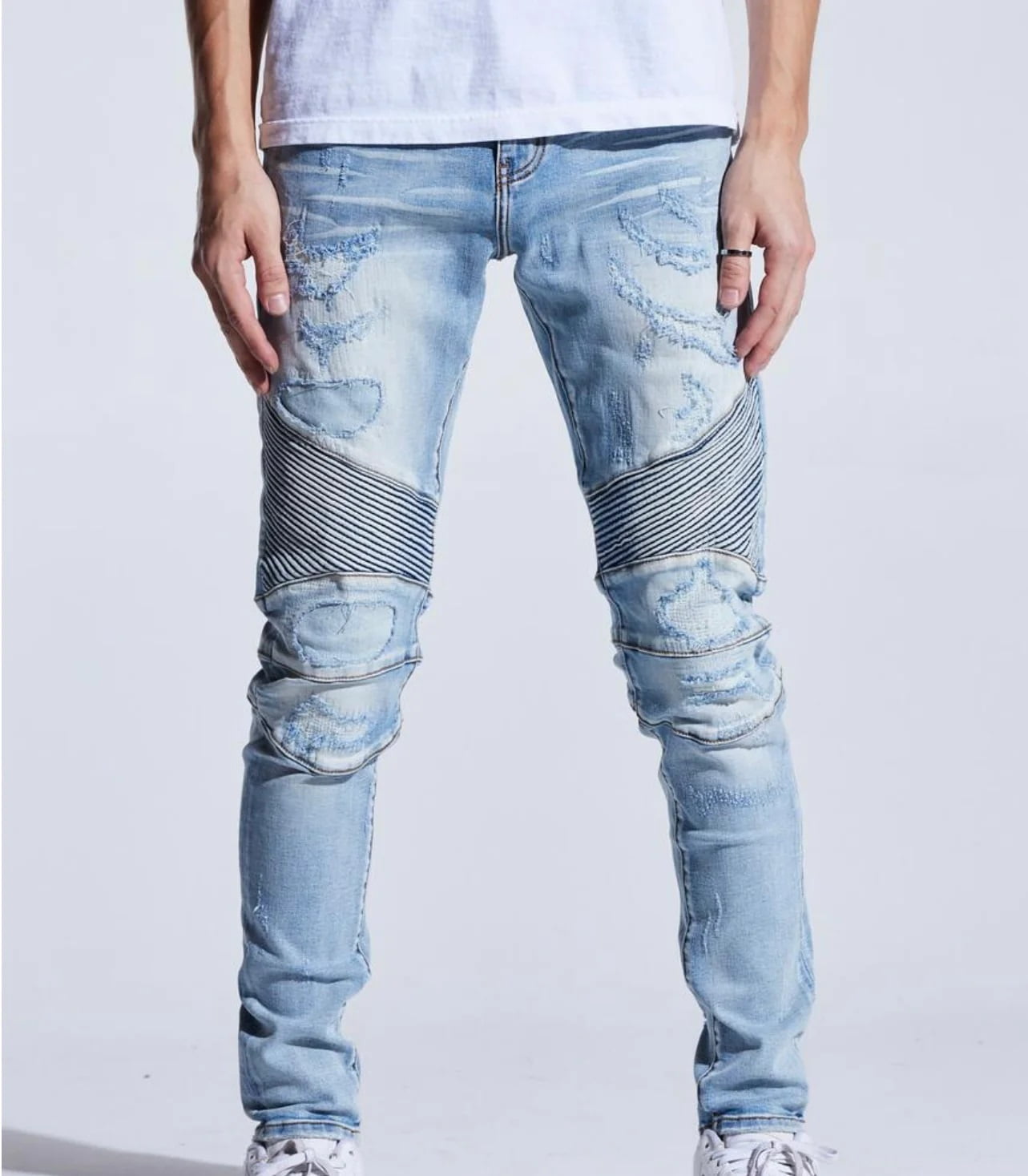 Crysp Denim Men's Biker Moto Distressed Rip Repair Skinny Fit