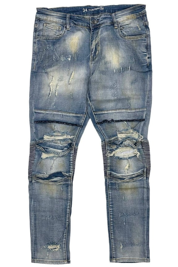 Men's Biker Moto Distressed Rip & Repair Skinny Fit Stretch Jeans (34, Indigo Rust)