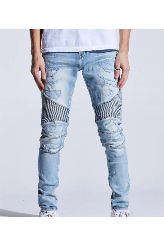 Men's Biker Moto Distressed Rip & Repair Skinny Fit Stretch Jeans (34, Light Blue)