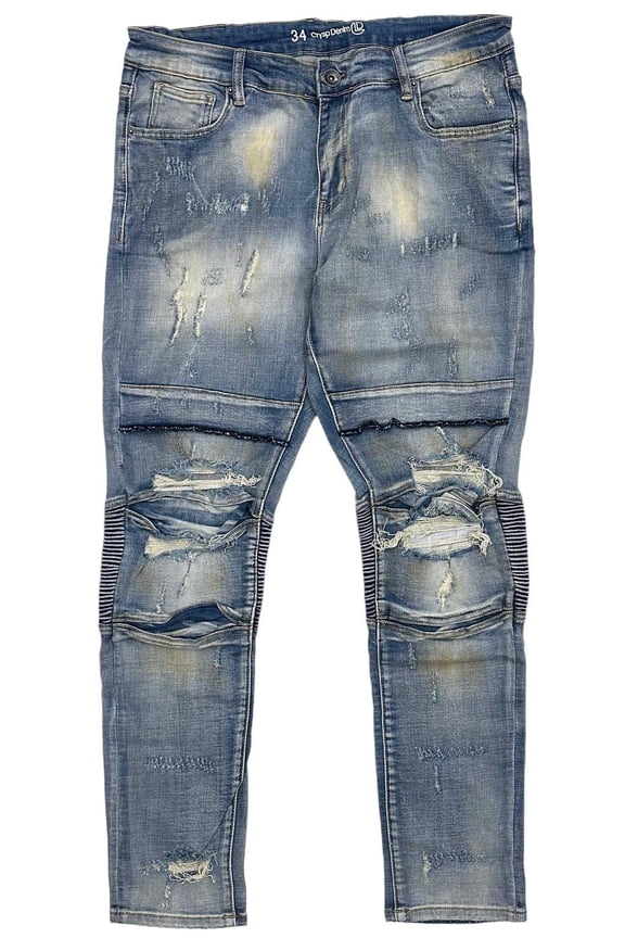Men's Biker Moto Distressed Rip & Repair Skinny Fit Stretch Jeans (36, Indigo Rust)