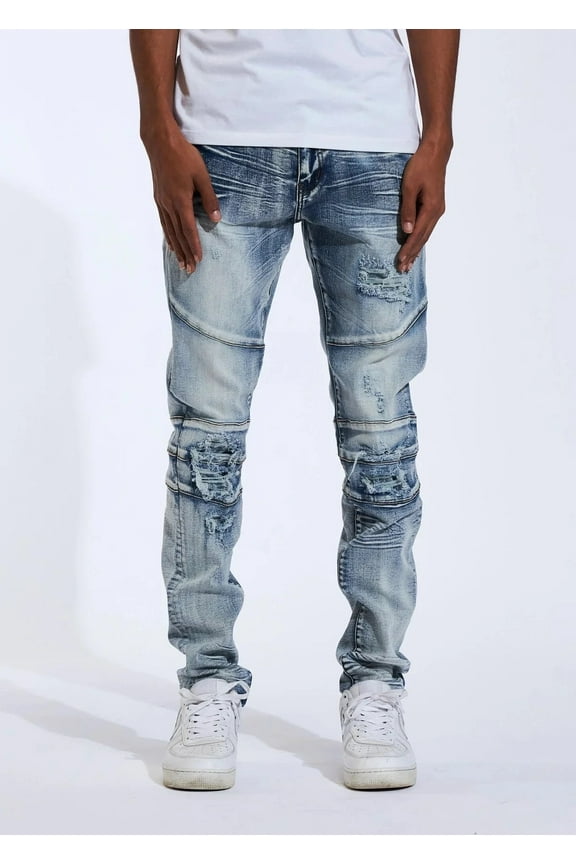 Men's Biker Moto Distressed Rip & Repair Skinny Fit Stretch Jeans (40, Indigo Blue Stonewashed)