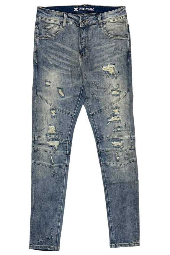 Men's Biker Moto Distressed Ripped Skinny Fit Sand Washed Jeans (34, Sand Wash)
