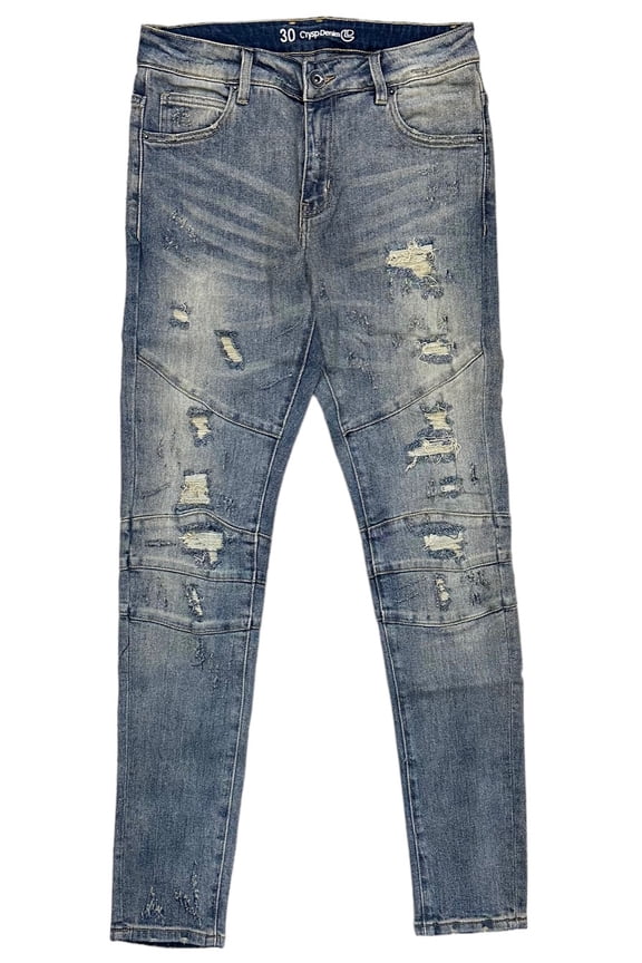 Men's Biker Moto Distressed Ripped Skinny Fit Sand Washed Jeans (36, Sand Wash)