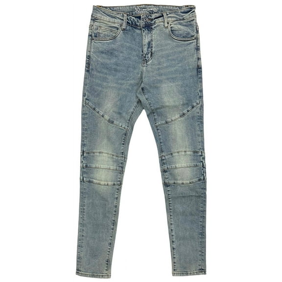 Crysp Denim Men's Biker Moto Indigo Stonewashed Skinny Fit Stretch Denim Jeans (36, Indigo)