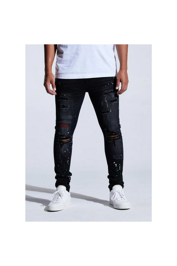 Men's Distressed Rip & Repair Paint Splatter Skinny Fit Black Jeans (32, Black Wash)