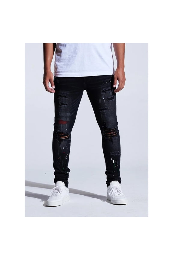 Men's Distressed Rip & Repair Paint Splatter Skinny Fit Black Jeans (42, Black Wash)