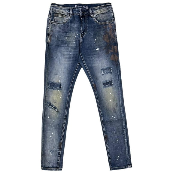 Crysp Denim Men's Distressed Rip & Repair Paint Splatter Skinny Fit Jeans (30, Blue Stonewashed)