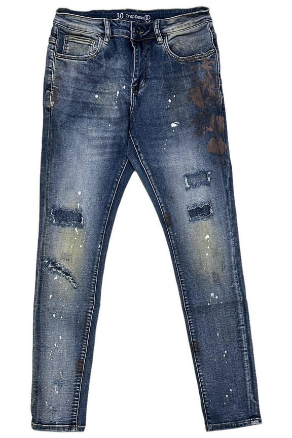 Men's Distressed Rip & Repair Paint Splatter Skinny Fit Jeans (40, Blue Stonewashed)