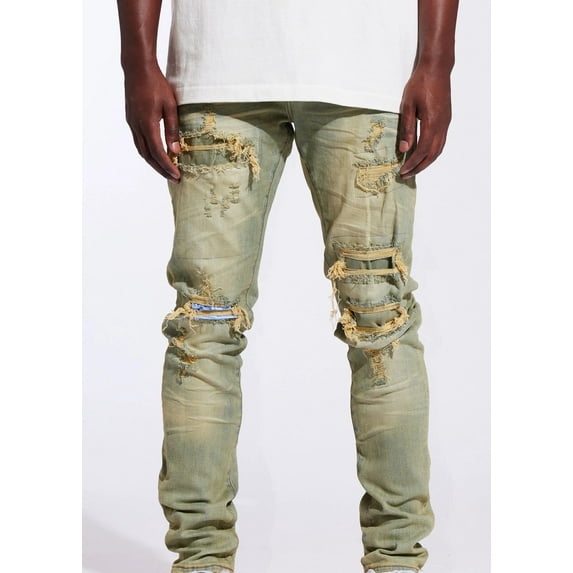 Crysp Denim Men's Distressed Rip & Repair Sand Wash Skinny Fit Stretch Jeans (28, Sand Wash)