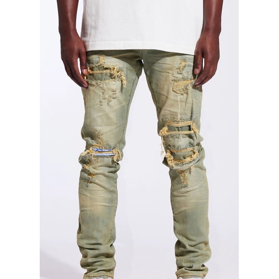 Crysp Denim Men's Distressed Rip & Repair Sand Wash Skinny Fit Stretch Jeans (44, Sand Wash)