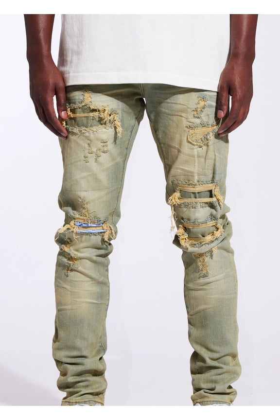 Men's Distressed Rip & Repair Sand Wash Skinny Fit Stretch Jeans (44, Sand Wash)